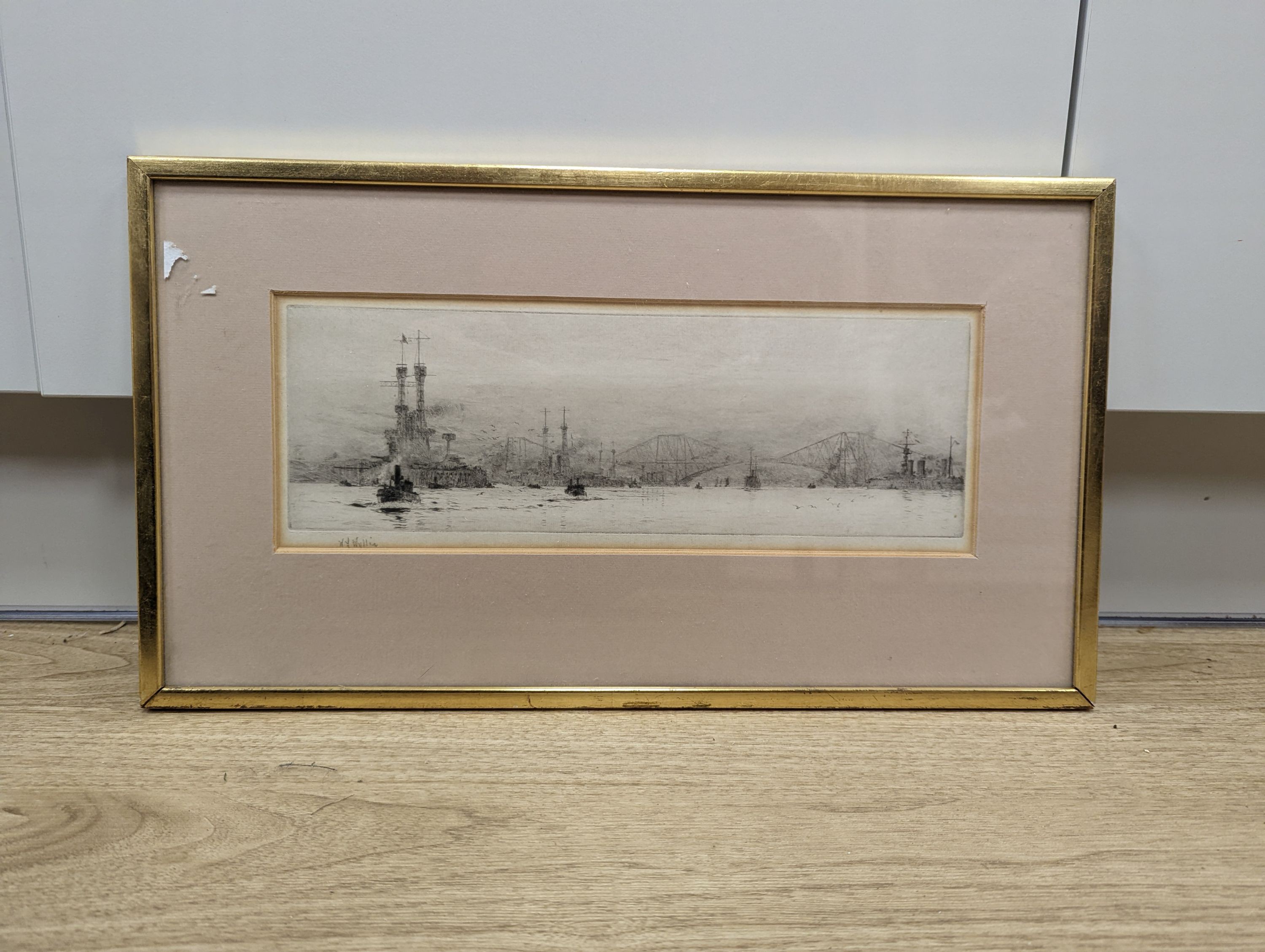 William Lionel Wyllie (1851-1931), etching, Battleships before the Forth Bridge, signed in pencil, 10 x 32cm
